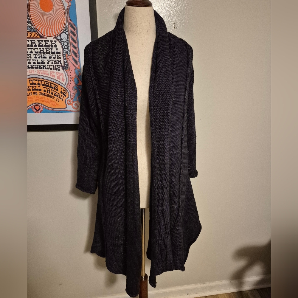 Skif Lagenlook Hemp Boutique Dark Purple Black Open Front Hand Knit Cardigan OS
